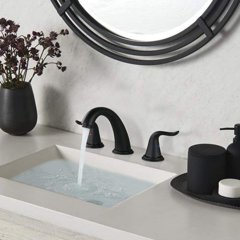 WOWOW Widespread Bathroom Faucet - 3 Hole, Black, 8 Inch Center, Double Handle, High Arc, Lavatory Basin Faucet with Pop Up Drain Assembly - Image 2